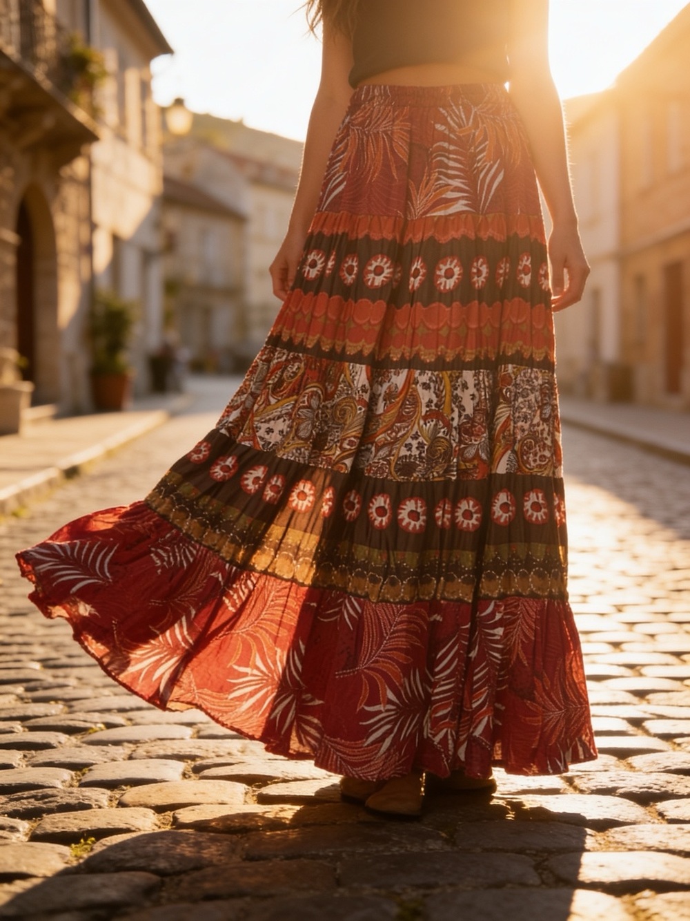 Vintage 90s  Red Multi Tiered Boho Maxi Skirt - 100% Cotton and Cotton Lined.